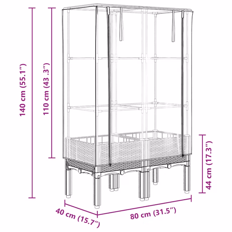Kõrgendatud taimekast kasvuhoonekattega, rotangiimitatsiooniga, sinakashall, 80 x 40 x 140 cm – 9