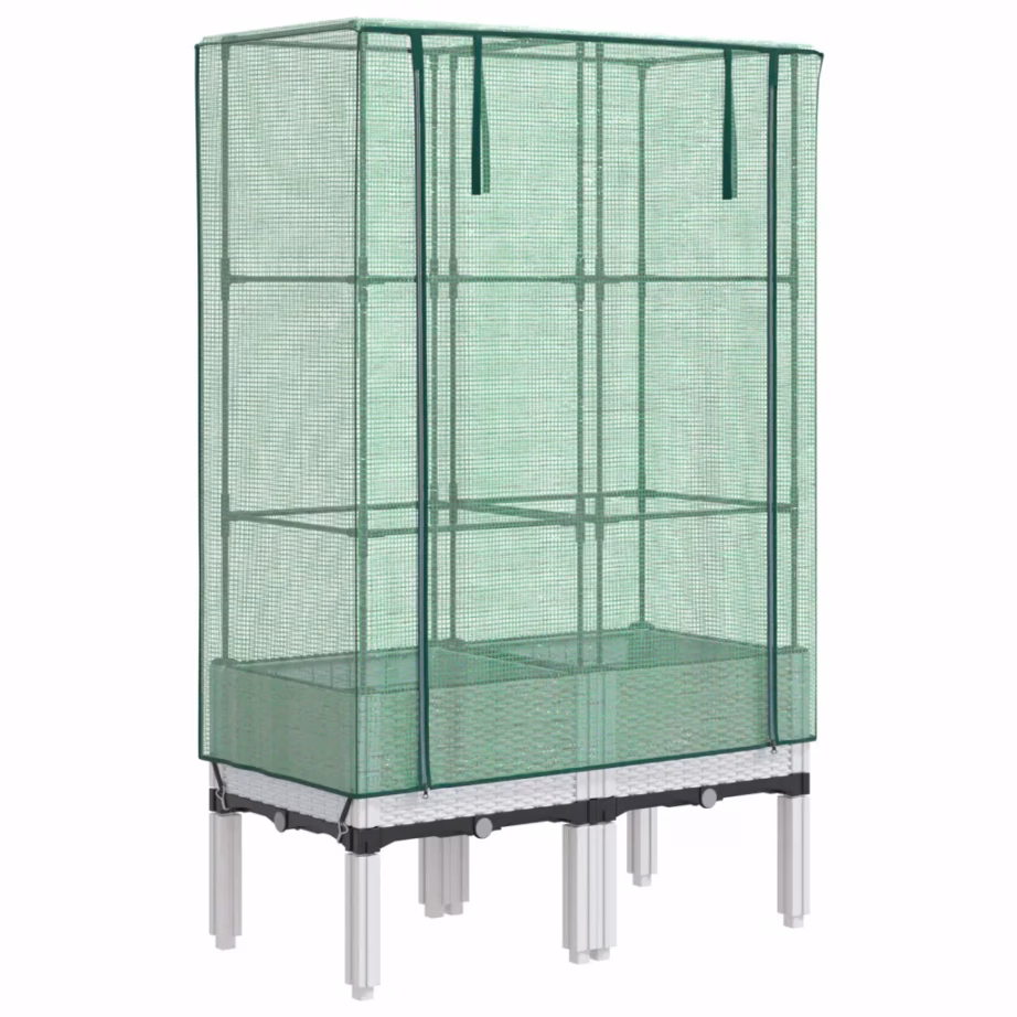 Kõrgendatud taimekast kasvuhoonekattega, rotangiimitatsiooniga, valge, 80 x 40 x 140 cm – 2