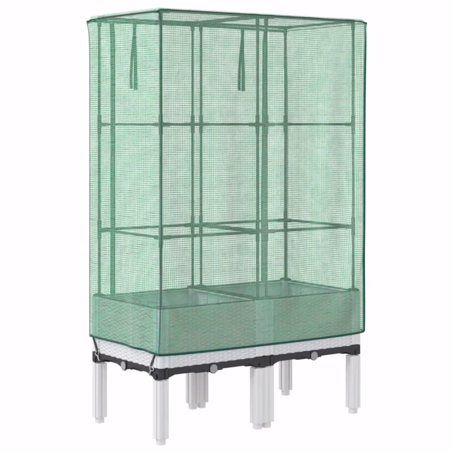 Kõrgendatud taimekast kasvuhoonekattega, rotangiimitatsiooniga, valge, 80 x 40 x 140 cm – 6