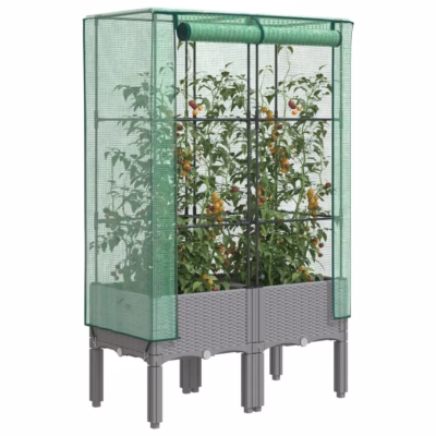 Kõrgendatud taimekast kasvuhoonekattega, rotangiimitatsiooniga, helehall, 80 x 40 x 140 cm