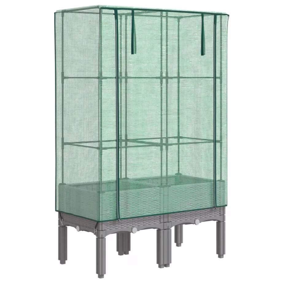 Kõrgendatud taimekast kasvuhoonekattega, rotangiimitatsiooniga, helehall, 80 x 40 x 140 cm – 2