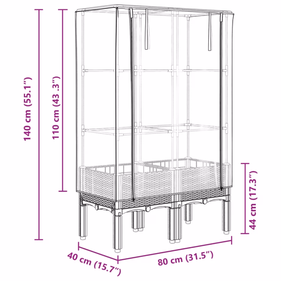 Kõrgendatud taimekast kasvuhoonekattega, rotangiimitatsiooniga, helehall, 80 x 40 x 140 cm – 9