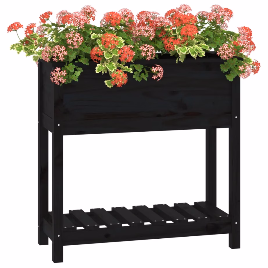 Kõrgendatud taimekast riiuliga, must männipuit, 82,5 x 34,5 x 81 cm – 4