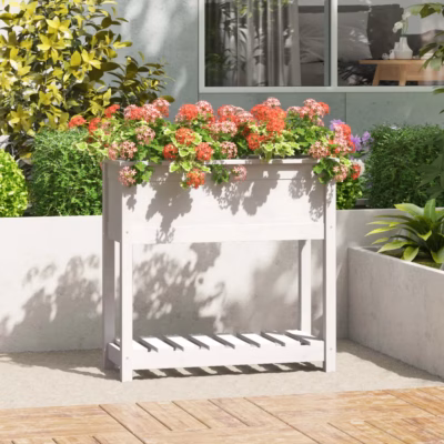 Kõrgendatud taimekast riiuliga, valge männipuidust, 82,5 x 34,5 x 81 cm