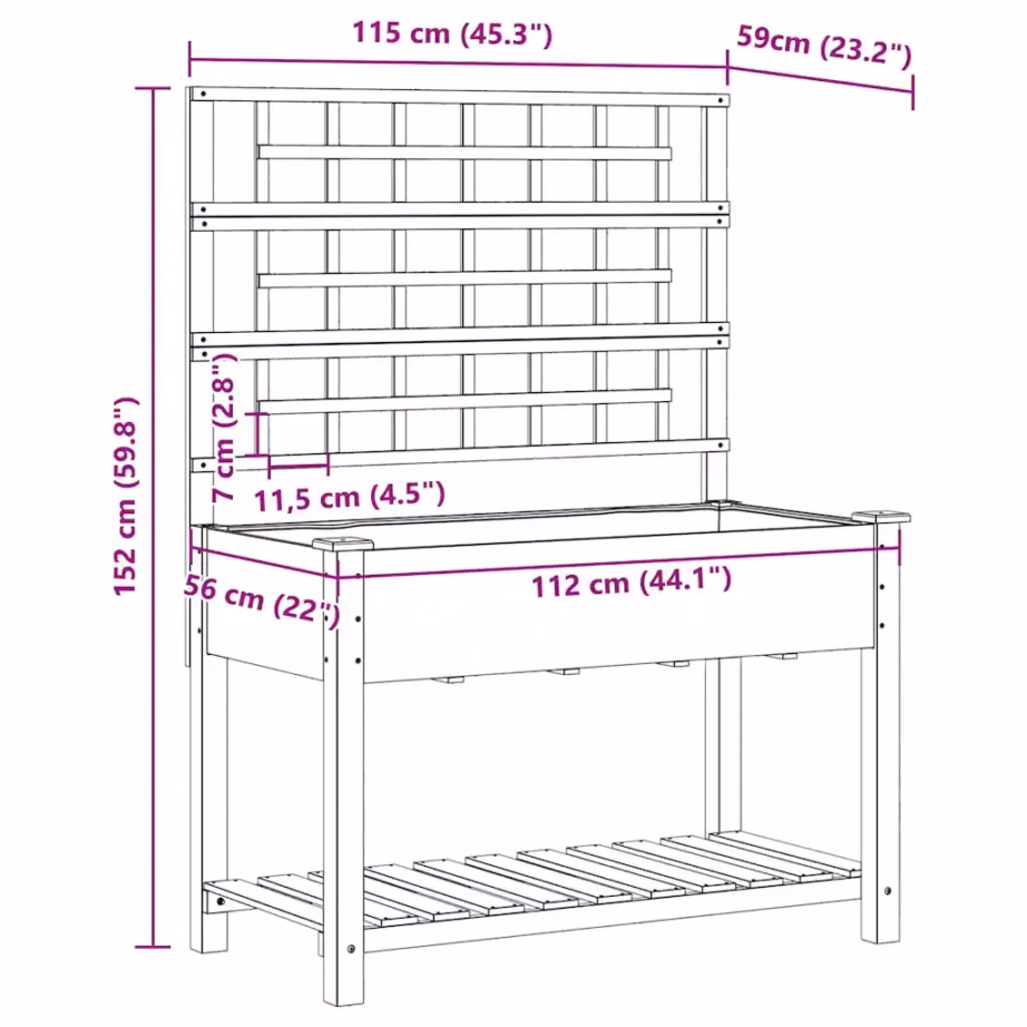 Beež kuusepuidust aia istutuskast trellise ja riiuliga, 115 x 60,5 x 153 cm – 10