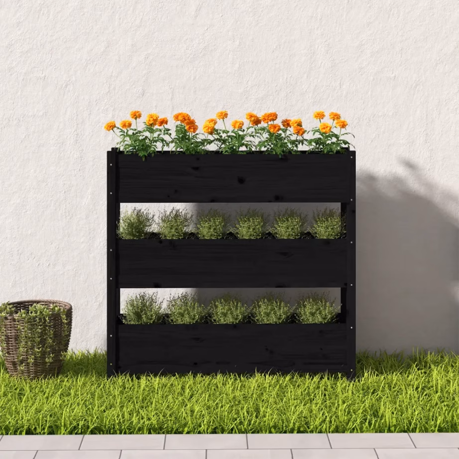 3-astmeline taimekast rõdule ja terrassile, must männipuit, 112 x 25 x 104,5 cm – 3