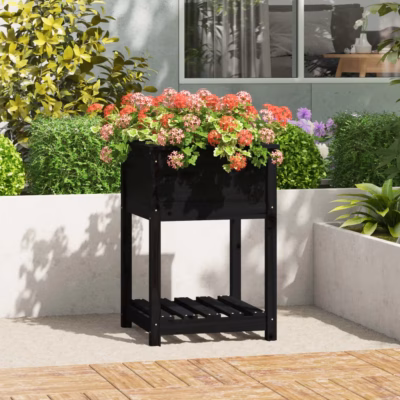 Riiuliga taimekast, must männipuidust, 54 x 54 x 81 cm