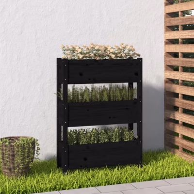 Kolme tasemega taimekast, must männipuit, 77 x 25 x 104,5 cm
