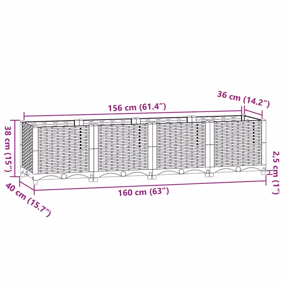 Must polüpropüleenist taimekast, 160 x 40 x 38 cm – 8