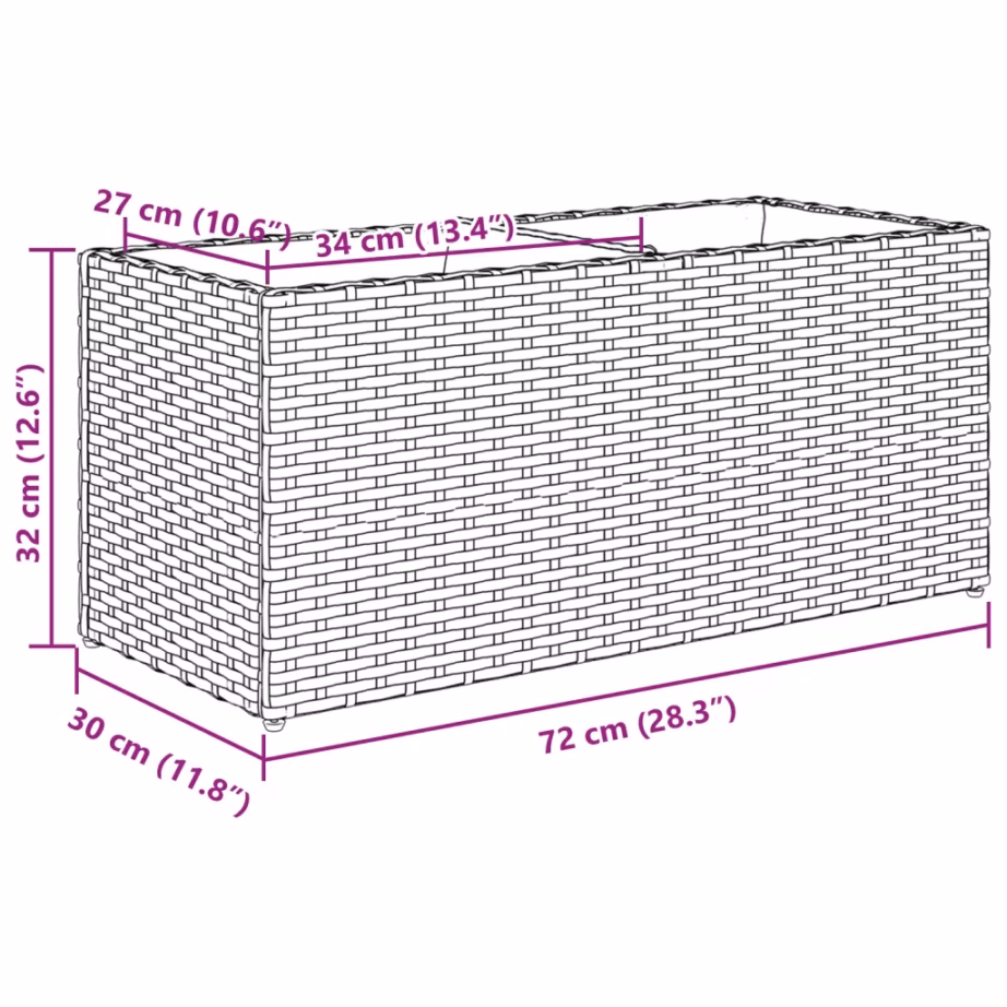 Must polürotangist taimekast 2 riidest sisekotiga, 72 x 30 x 32 cm – 11
