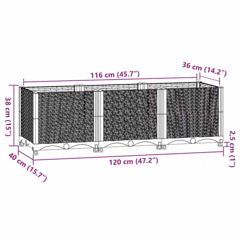 Must polüpropüleenist taimekast, 120 x 40 x 38 cm – 8