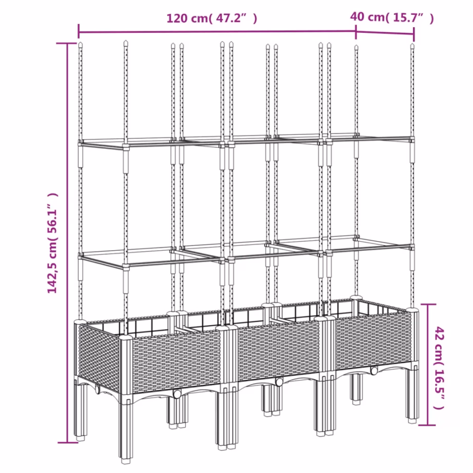 Võrega taimekast ronitaimedele, must PP, 120 x 40 x 142,5 cm – 7