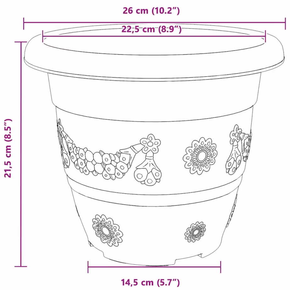 Ümmargused plastlillepotid äravooluavadega, 24 tk, must, Ø 26 x 21,5 cm – 9