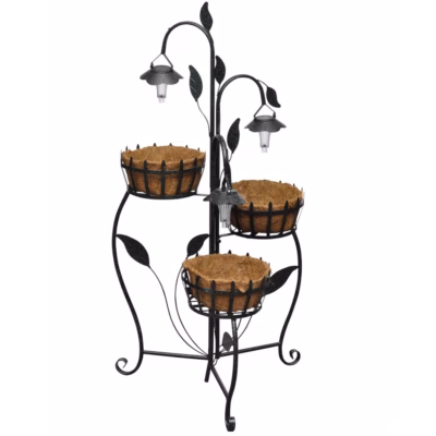 Päikesepaneeliga lillepoti alus LED-lampidega, 3 hoidikut, pruun/must, malm, 47 x 48 x 109 cm