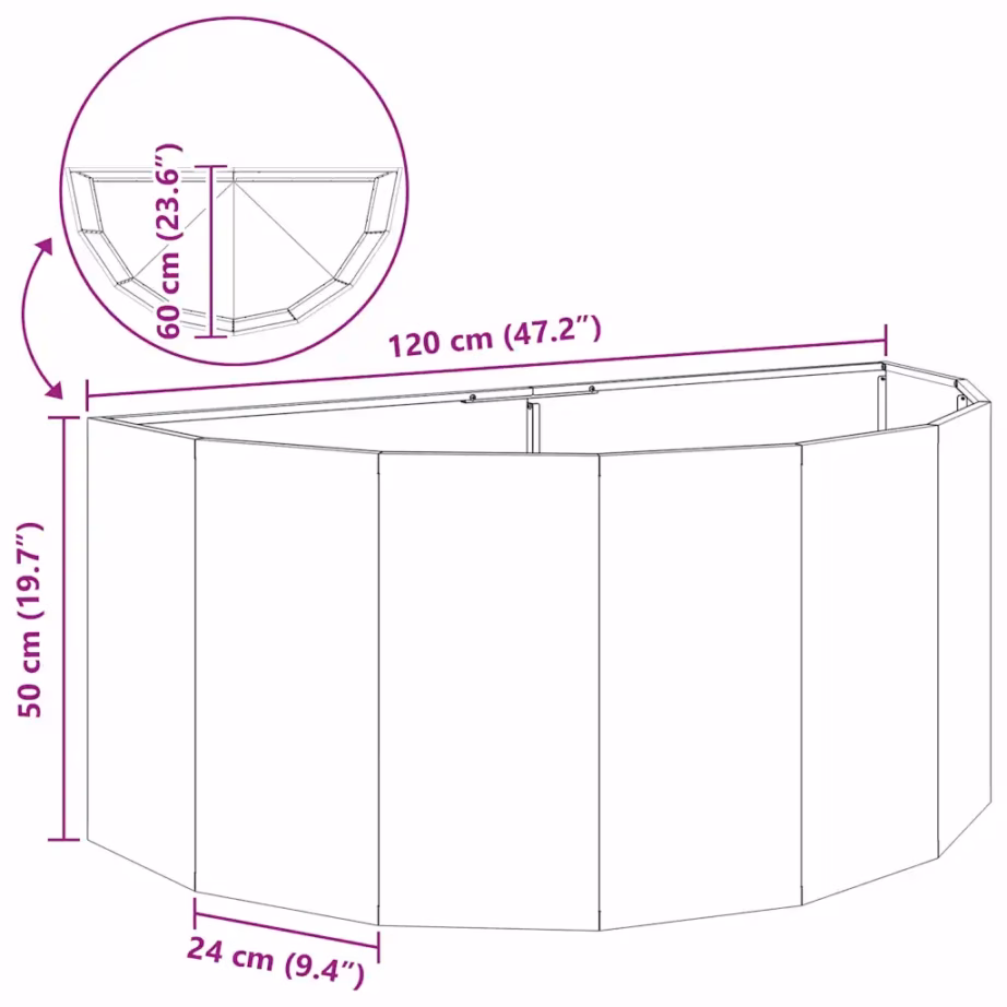 Poolringikujuline must terasest taimekast, 120 x 60 x 50 cm – 12