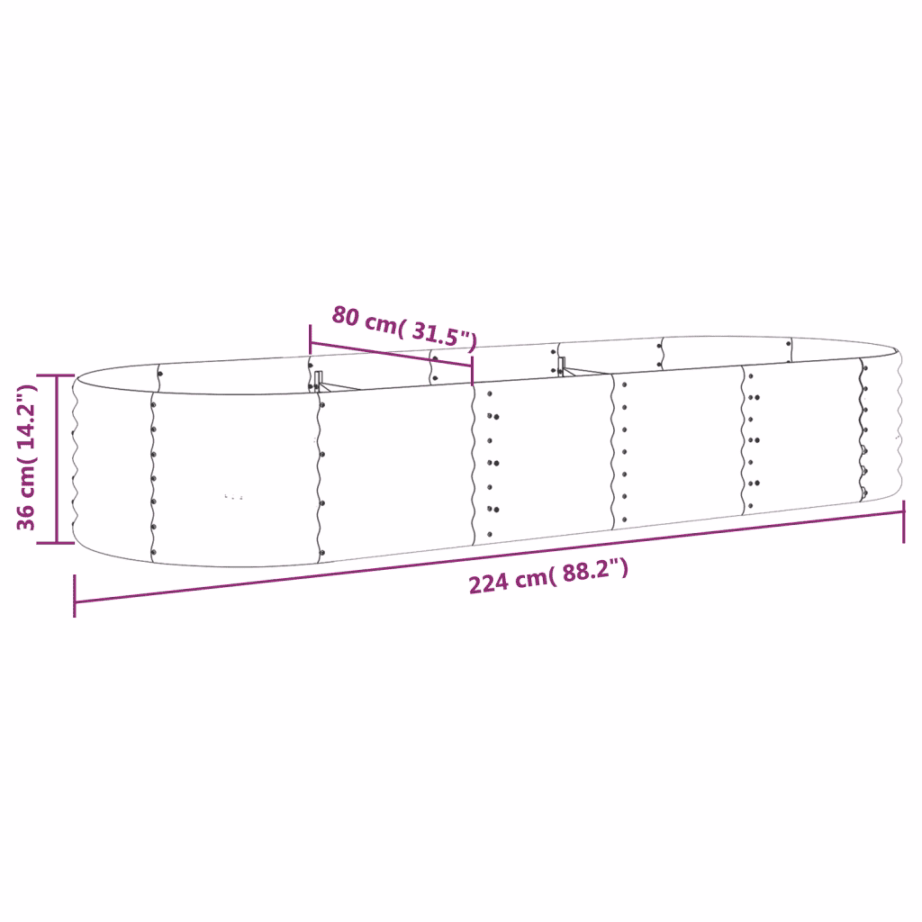 Pruun ovaalne aia taimelava galvaniseeritud terasest, 224 x 80 x 36 cm – 6