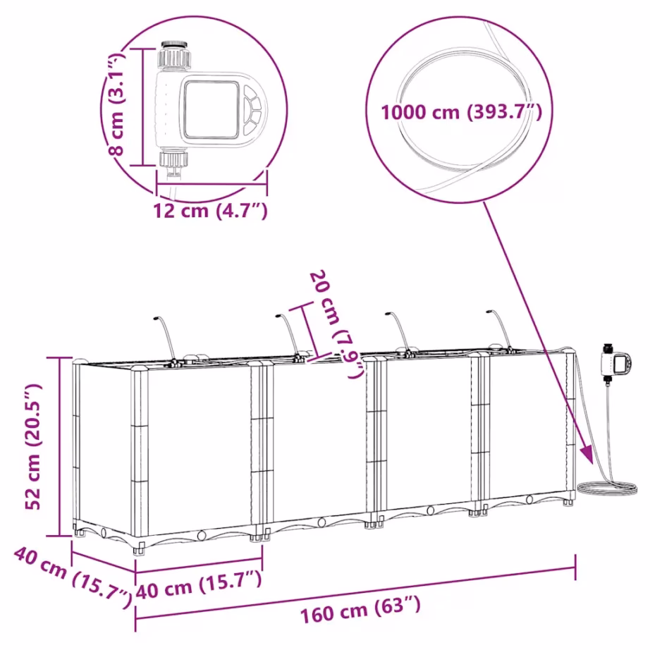 Aia istutuskast 4-osaline kastmissüsteemiga, pruun teras, 160 x 40 x 52 cm – 10