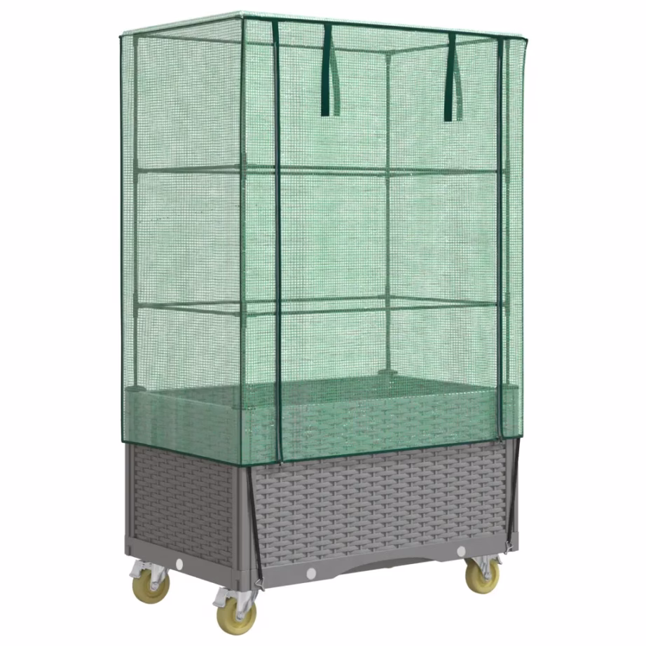 Ratastega kõrgendatud peenar kasvuhoonekatte ja rotangiimitatsiooniga, helehall, 50 x 80 x 182 cm – 2