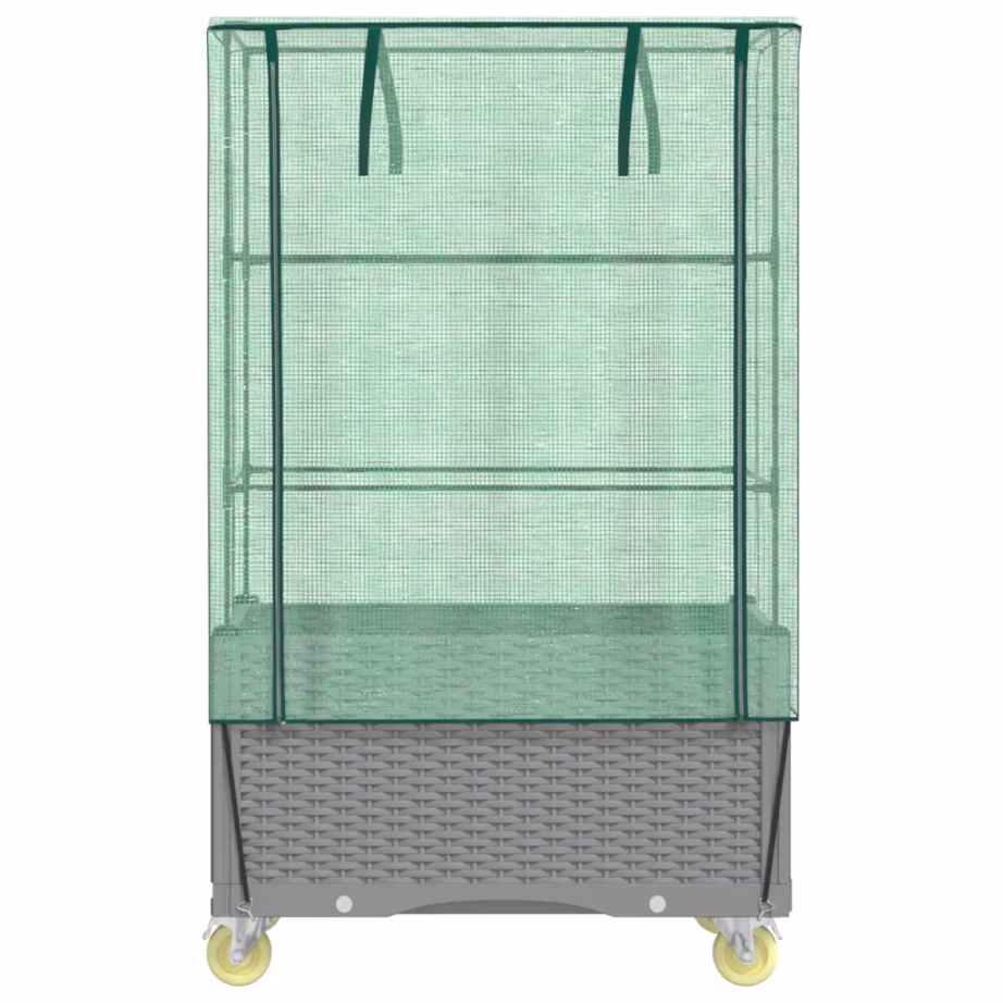 Ratastega kõrgendatud peenar kasvuhoonekatte ja rotangiimitatsiooniga, helehall, 50 x 80 x 182 cm – 4