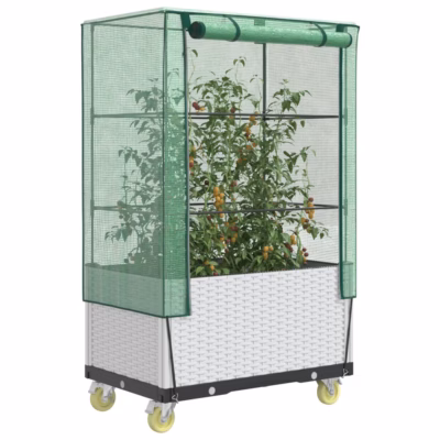 Ratastega kõrgendatud taimekast kasvuhoonekattega, rotangiimitatsioon, valge, 50 x 80 x 182 cm
