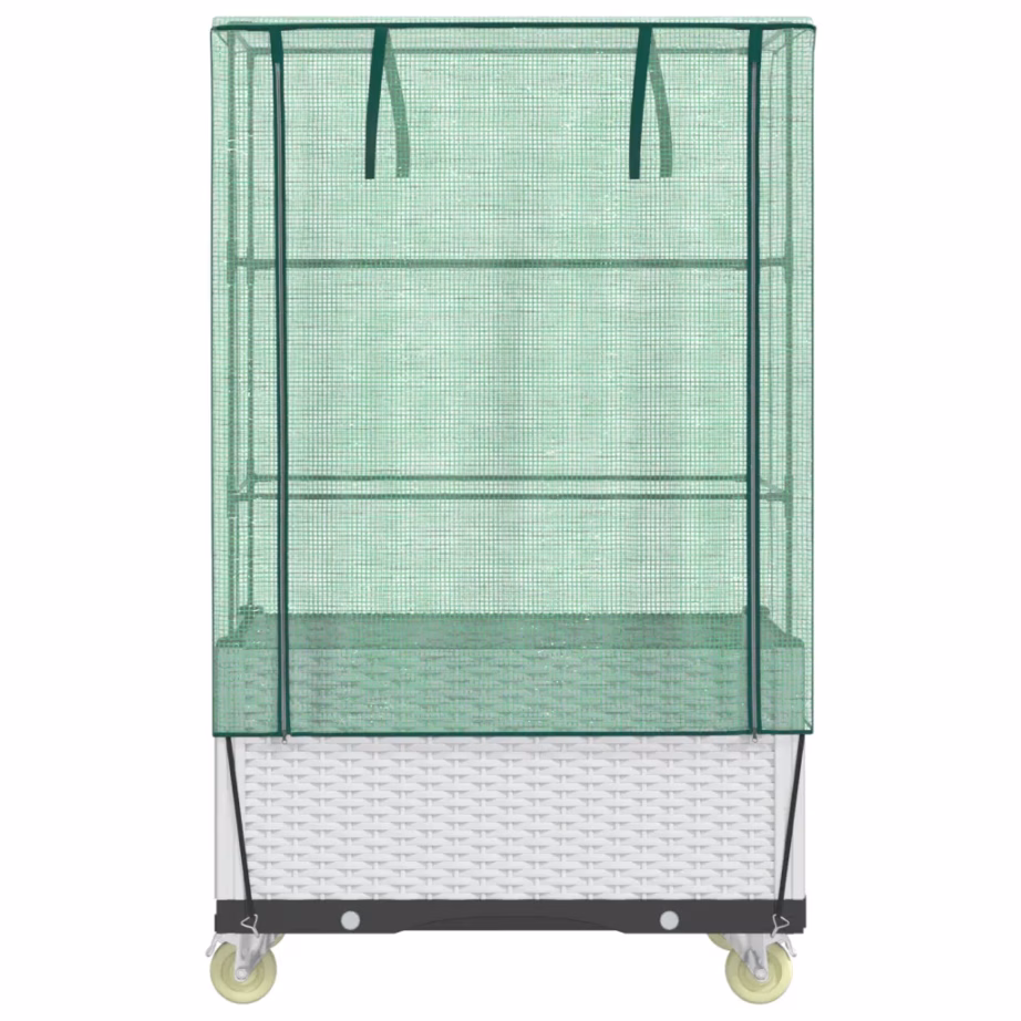Ratastega kõrgendatud taimekast kasvuhoonekattega, rotangiimitatsioon, valge, 50 x 80 x 182 cm – 4