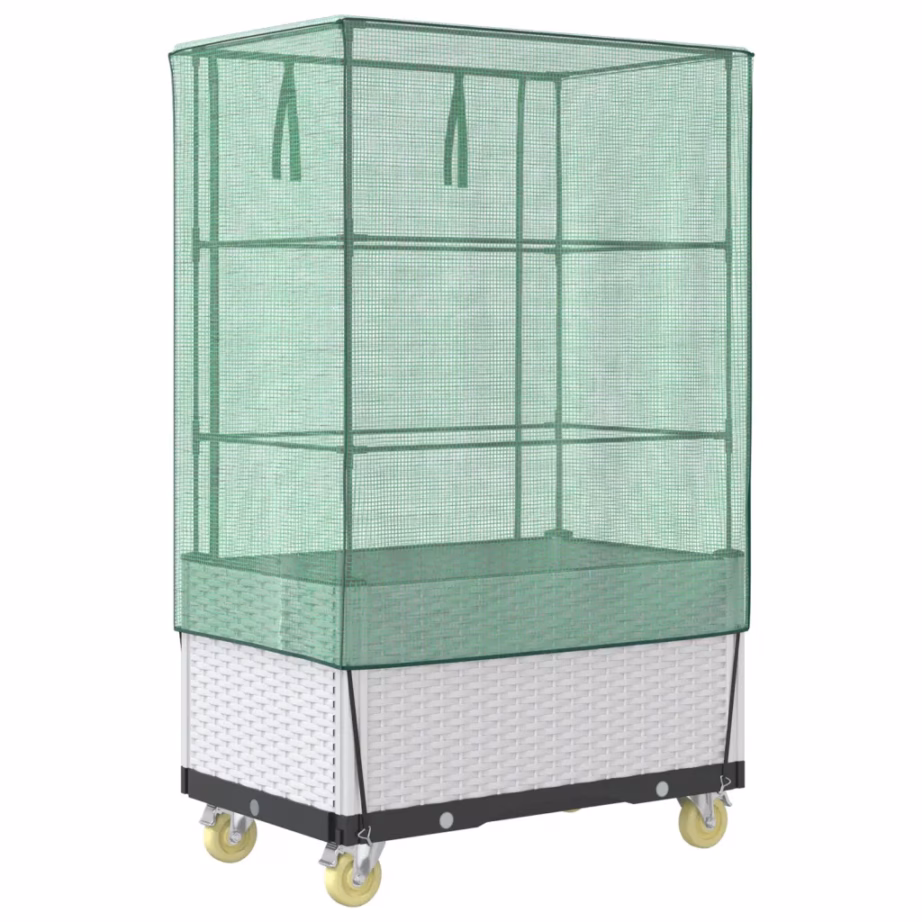 Ratastega kõrgendatud taimekast kasvuhoonekattega, rotangiimitatsioon, valge, 50 x 80 x 182 cm – 6