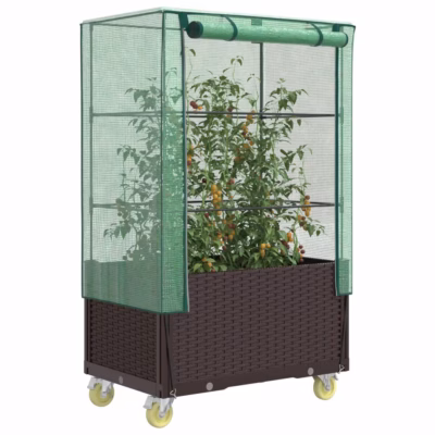 Ratastega taimekast kasvuhoonekatte ja rotangiimitatsiooniga, pruun, 80 x 50 x 182 cm