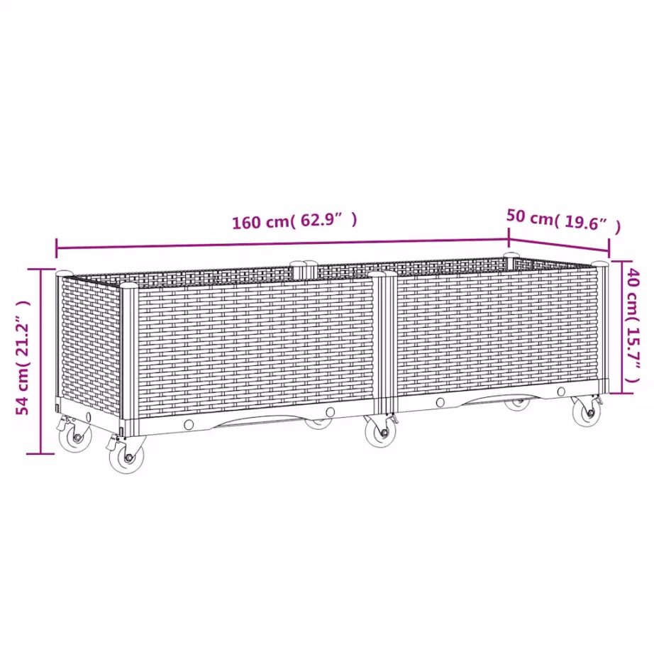 Ratastega rotangimustriga taimekast võrega, sinakashall, PP, 160 x 50 x 54 cm – 7