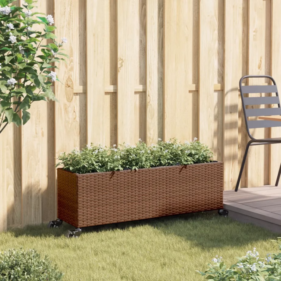 Ratastel polürotangist taimekast 3 sisekotiga, pruun, 107 x 32 x 38 cm – 3