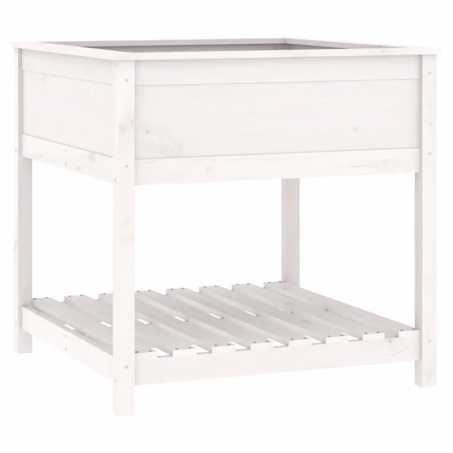 Riiuliga kõrgendatud taimekast, valge täismännipuit, 82,5 x 82,5 x 81 cm – 2