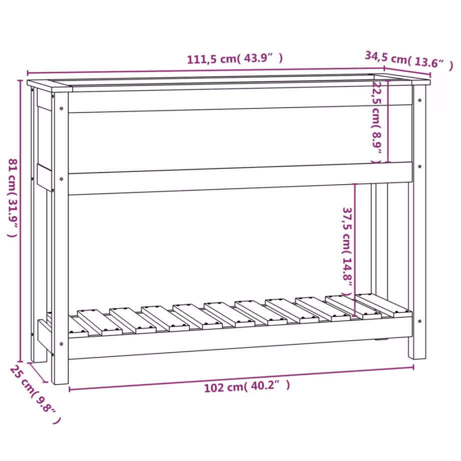 Kõrgendatud riiuliga taimekast, must männipuit, 111,5 x 34,5 x 81 cm – 8