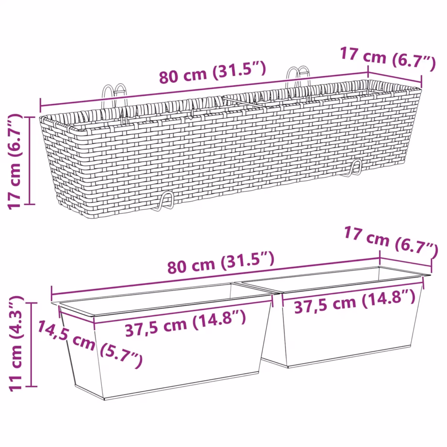 Riputatav metallist rõdulillekast rattanilookiga, hall, 80 x 17 x 17 cm – 9