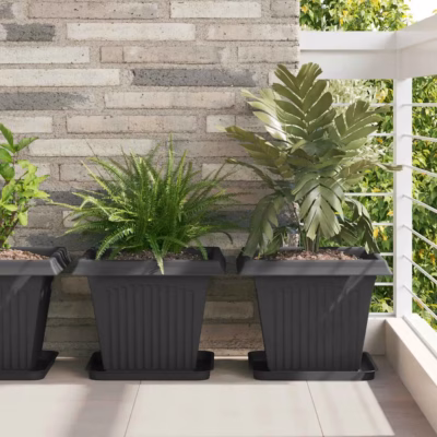 Ruutlillepotid äravooluaukudega, 6 tk, must plast, 38 x 38 x 30 cm