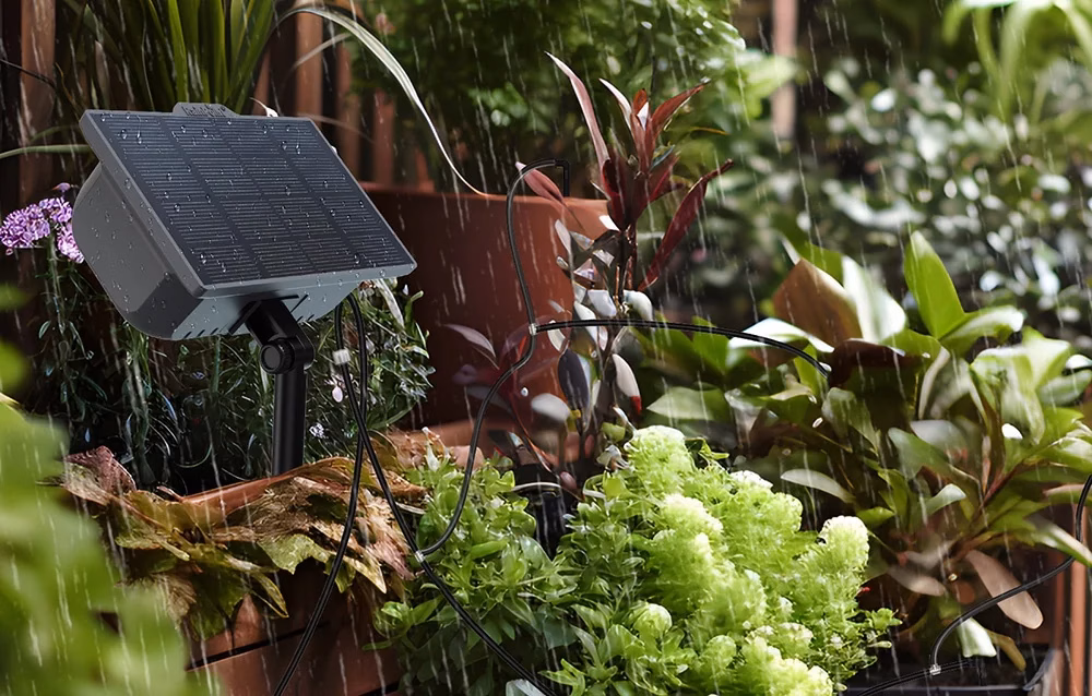 RainPointi solaarne tilkniisutuskomplekt vihmapiiskadega kaetud korpusega erinevate taimede keskel