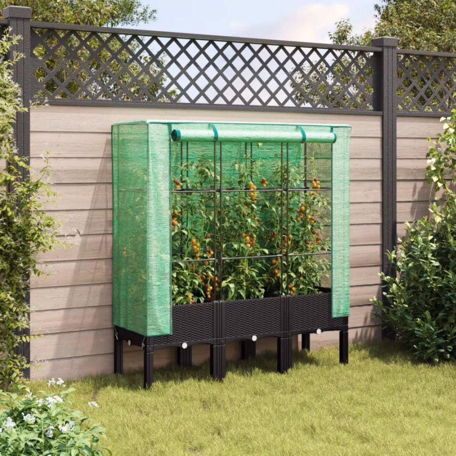 Kõrgendatud taimekast kasvuhoonekattega, rotangi välimus, must, 120 x 40 x 140 cm – 3