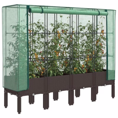 Kõrgendatud taimekast kasvuhoonekattega, rotangiimitatsioon, pruun, 160 x 40 x 140 cm