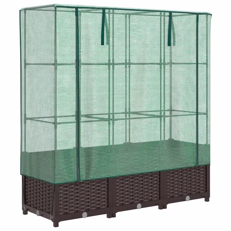 Kõrgendatud taimekast kasvuhoonekattega, rotangiimitatsiooniga, pruun, 120 x 40 x 138 cm – 2