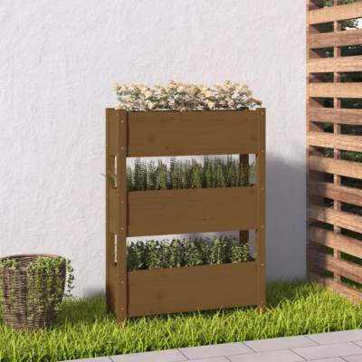 Kolmetasandiline täismännipuidust taimekast, meekarva, 77 x 25 x 104,5 cm