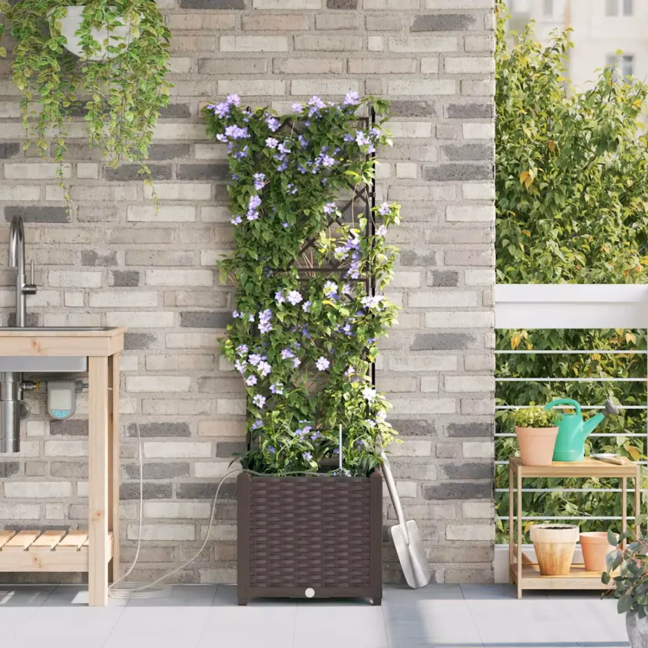 Pruun aia istutuskast terasest, trellise ja kastmissüsteemiga, 40 x 40 x 142 cm – 3