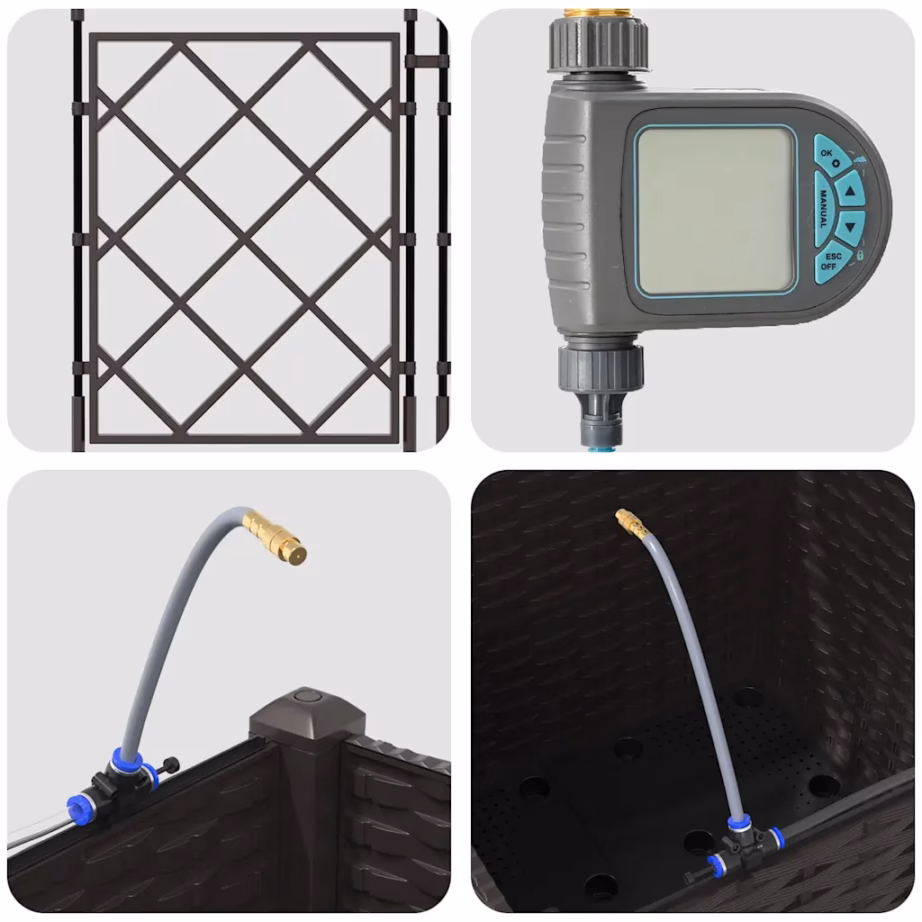 Pruun aia istutuskast terasest, trellise ja kastmissüsteemiga, 40 x 40 x 142 cm – 9