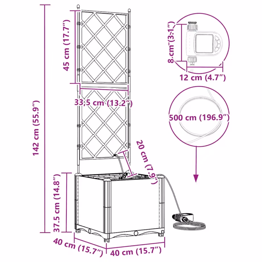 Pruun aia istutuskast terasest, trellise ja kastmissüsteemiga, 40 x 40 x 142 cm – 10