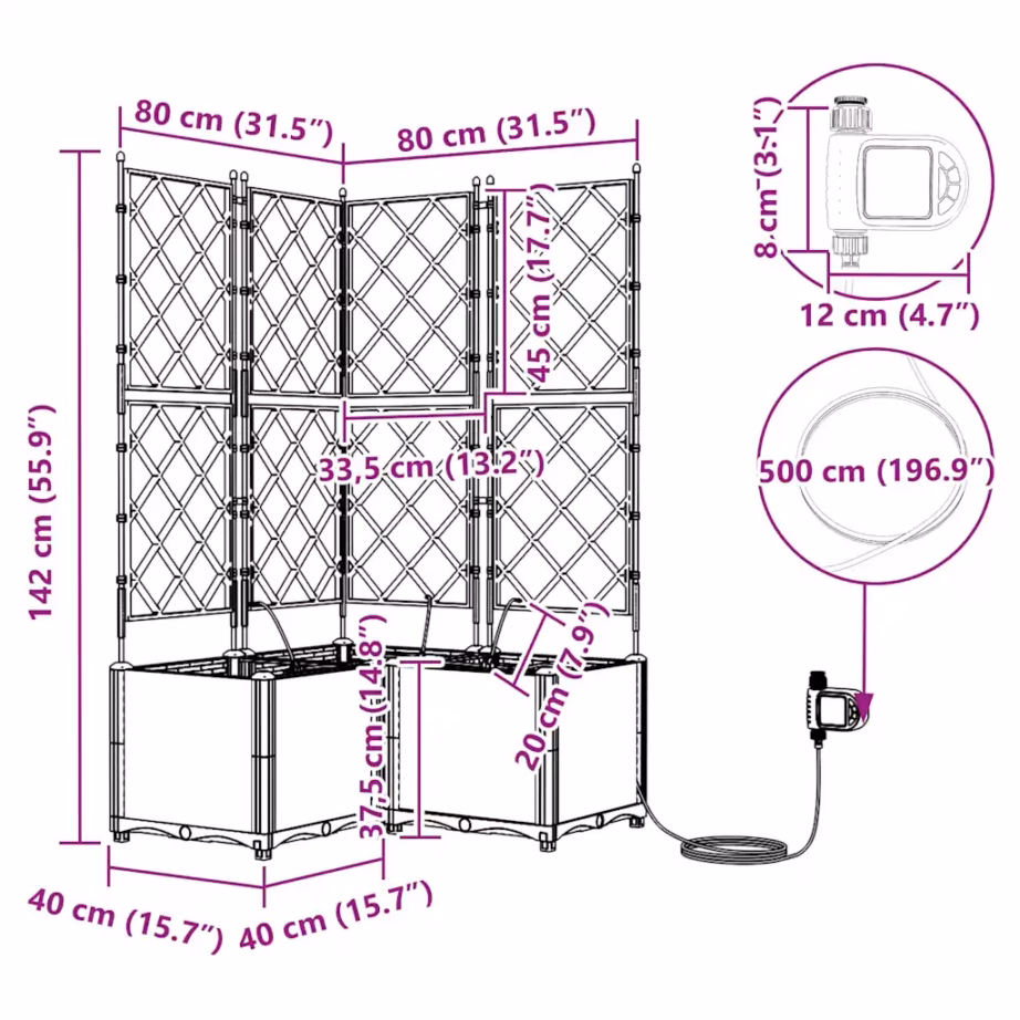 Pruun terasest aiamoodulistutuskast võrega ja kastmissüsteemiga, 3 tk, 80 x 80 x 142 cm – 9
