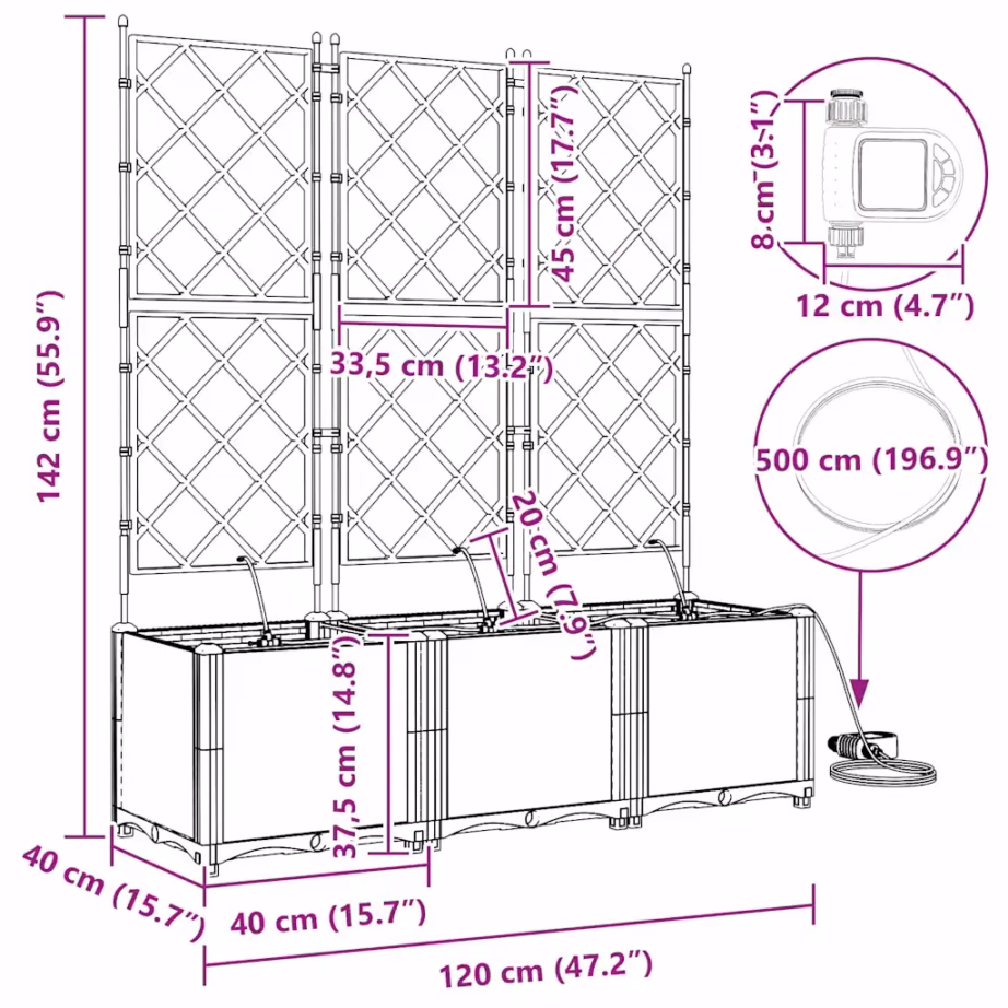 Pruun terasest istutuskast ronitaimedele, 3-osaline komplekt, 120 x 40 x 142 cm, kastmissüsteemiga – 10