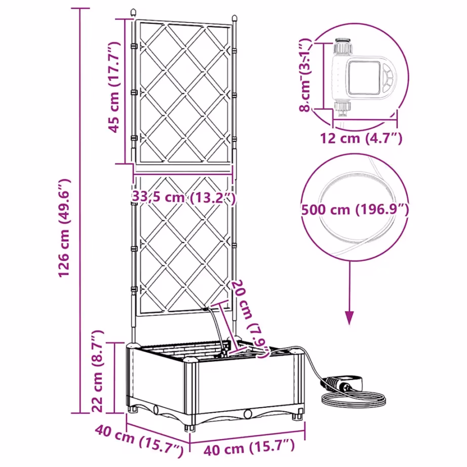 Kõrge terasest istutuspott kastmissüsteemiga, must, 40 x 40 x 126 cm – 10