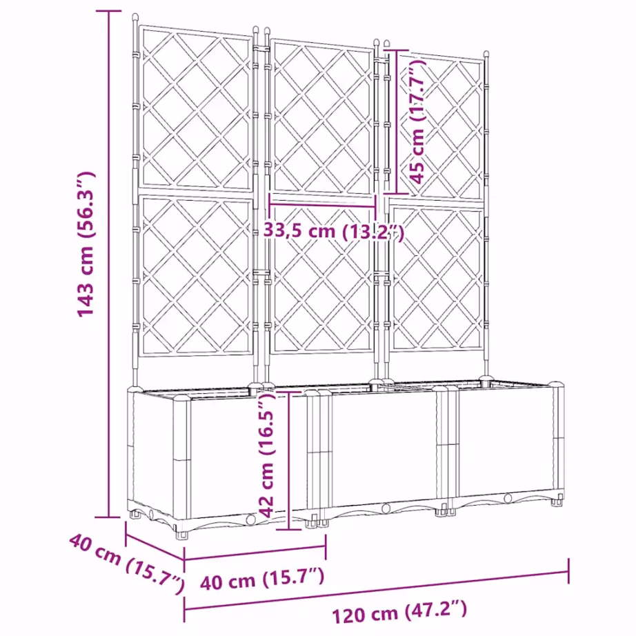 Trellisega aia istutuskastid, 3 tk, must teras, 120 x 40 x 143 cm – 8