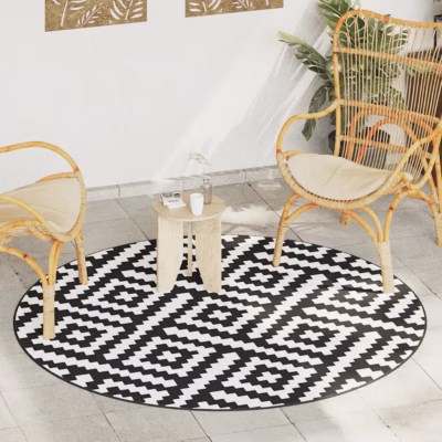 Ümberpööratav õuevaip ARAKIL, valge-must jacquard, Ø 200 cm, polüpropüleen