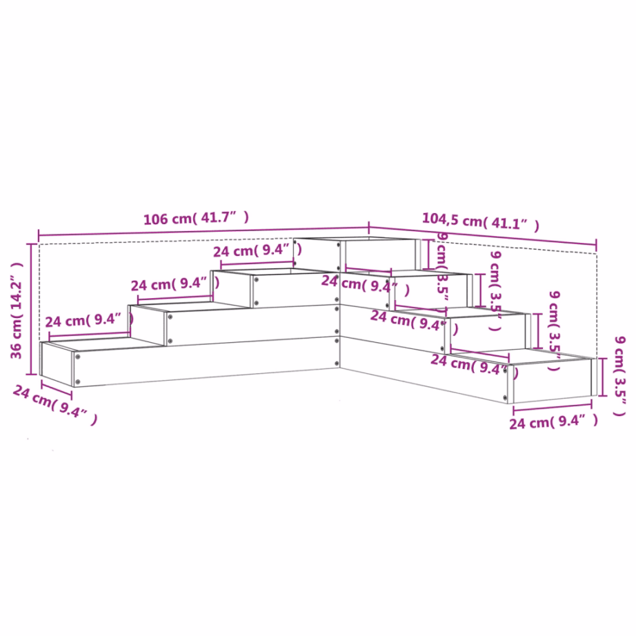 4-tasandiline L-kujuline aia taimekast, valge männipuidust, 106 x 104,5 x 36 cm – 9