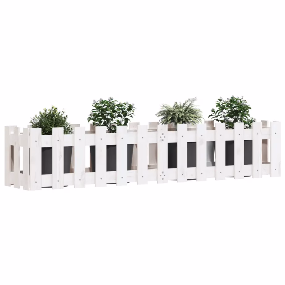 Valge aiapiirde stiilis kõrgendatud taimelava, täismännipuit, 150 x 30 x 30 cm – 3