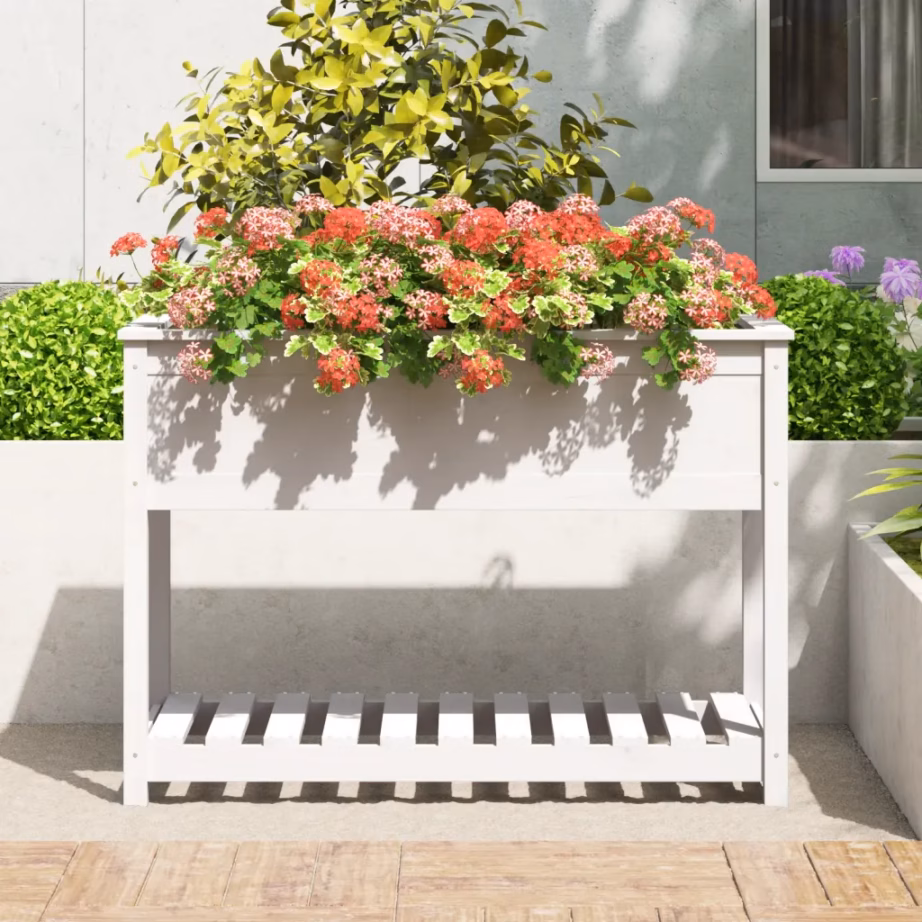 Kõrgendatud riiuliga taimekast, valge männipuidust, 111,5 x 54 x 81 cm – 3