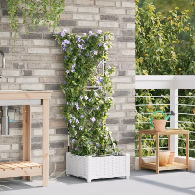 Valge terasest aiapott tugiraami ja kastmissüsteemiga, 40 x 40 x 126 cm